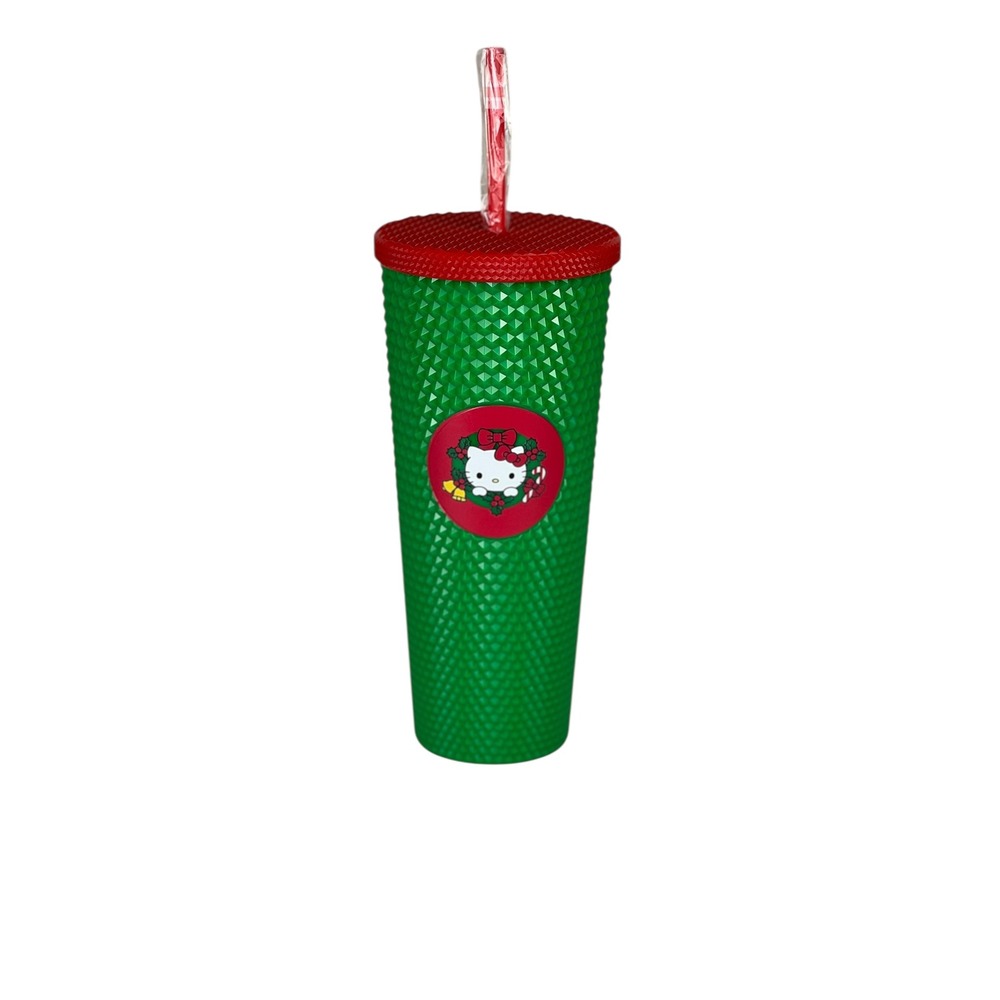 Hello Kitty Christmas Green Red Studded Tumbler‎ 24oz Cup with Straw – Holiday